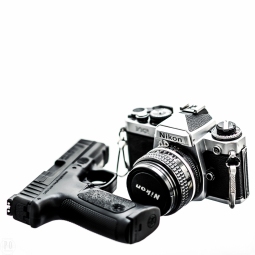 black and white image of pistol and film camera